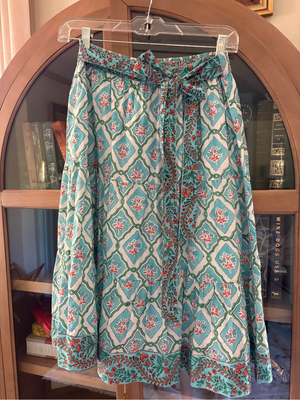 Victoria Dunn Printed Midi Skirt in Aqua with Coral Accents XS/S